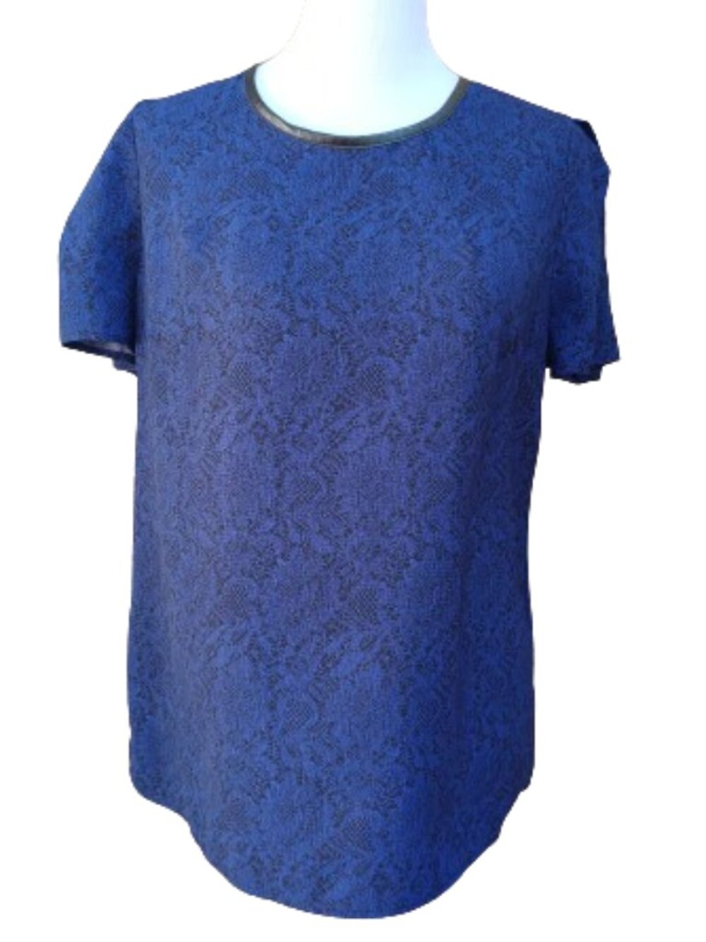 Covington Blue Floral Lace Print Blouse Tulip Sleeves Faux Leather Trim